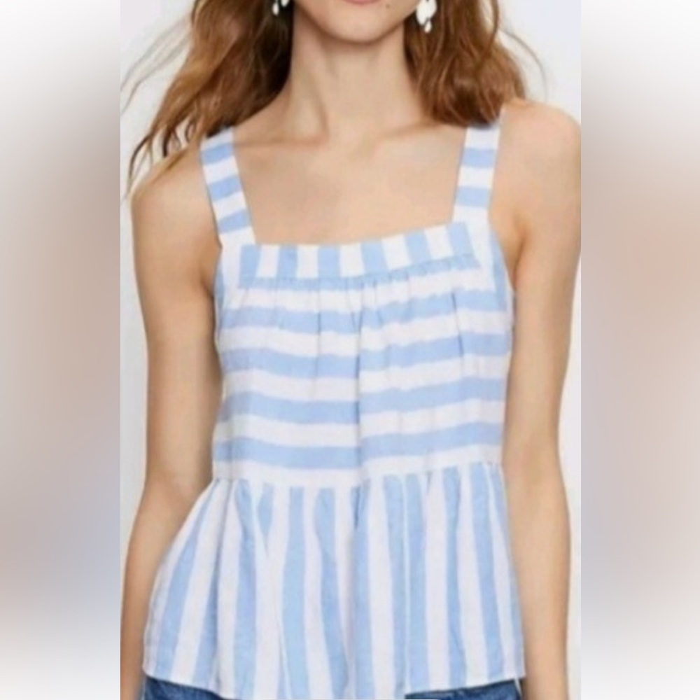 NWT LOFT Blue and White Striped Linen Blend Top-Sz M